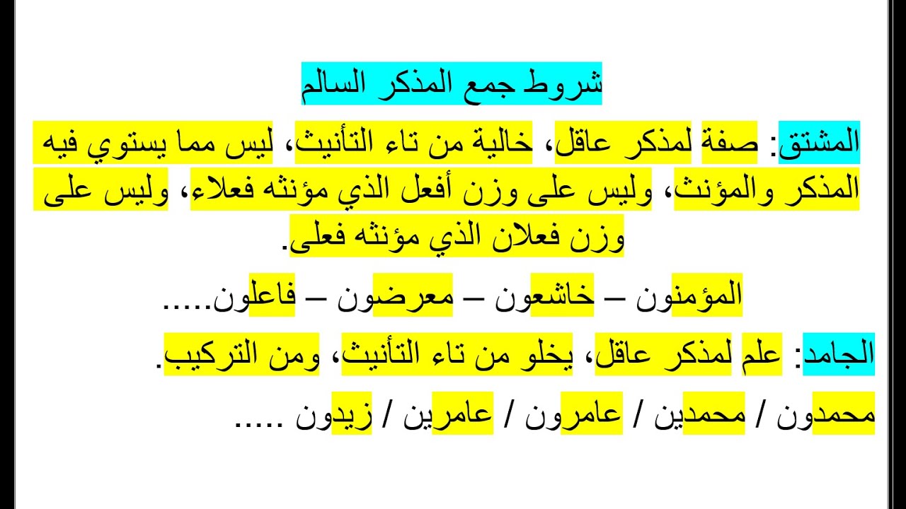 شروط جمع المذكر السالم - الشروط التي يجب توافرها في الاسم المفرد حتى يمكن جمعه بالواو والنون.