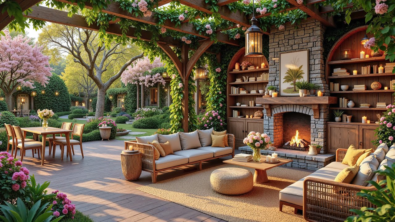 Charming Garden Jazz Escape | Smooth Jazz Instrumental and Outdoor Fireplace for Studying