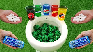 Watermelon Balls VS Popular Sodas !!! Coca Cola, Sprite, Fanta, Fruko and Mentos in the toilet
