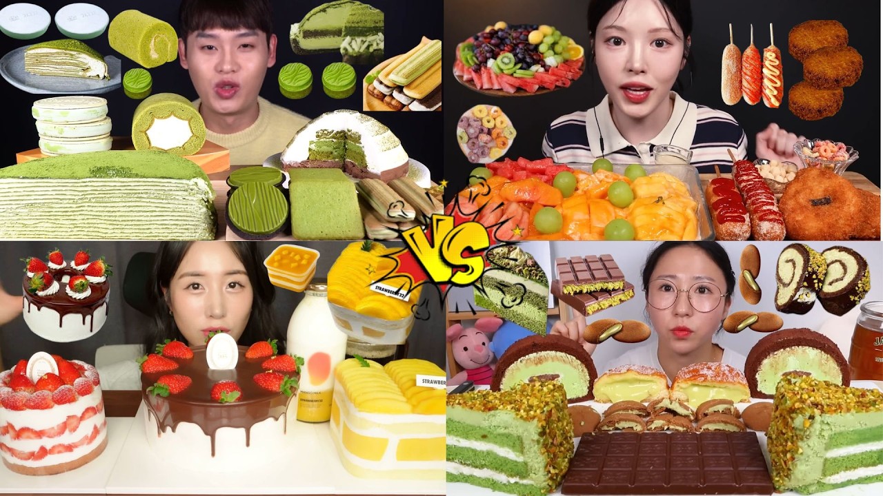 Green Tea Desserts vs Street Food Mukbang 🔥 Matcha Cake, Corn Dogs & Fruit Feast ASMR