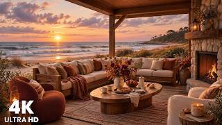 Fall Beach Retreat at Golden Hour 🍁| Beautiful Sunset with Soft Piano, Warm Firelight & Ocean Waves screenshot 5