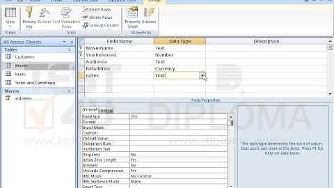 Insert one more field named notes in the Movies table. Make sure the field is set to hold a text...