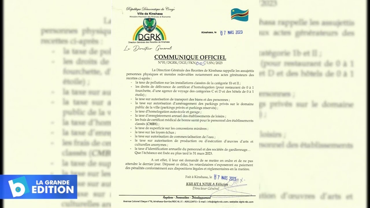 DGRK: Rappel de l’échéance de paiement de certaines taxes