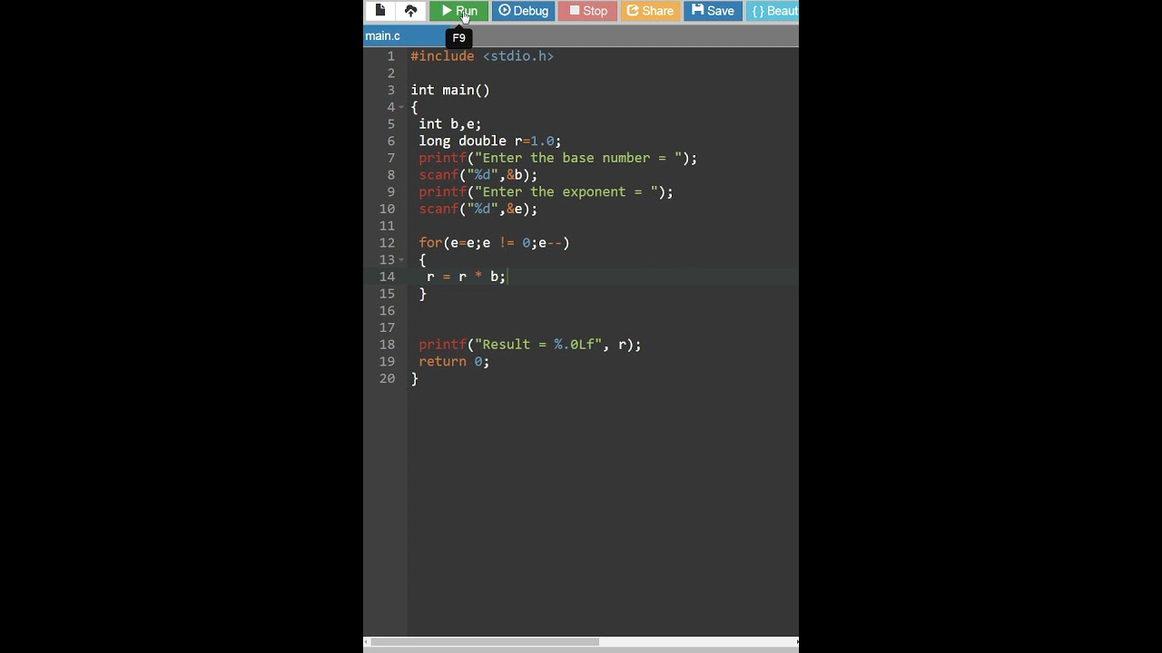 c program to calculate power of a number using for loop #shorts