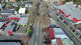 A flyover the main street of Cambridge towards the Waikato River.