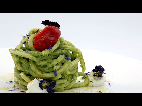 Troccoli pasta with wild garlic pesto and bottarga