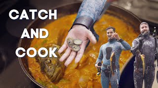 GREENLING FISH CURRY and Broiled LIMPET - Catch and Cook - Spearfishing Ucluelet Vancouver Island