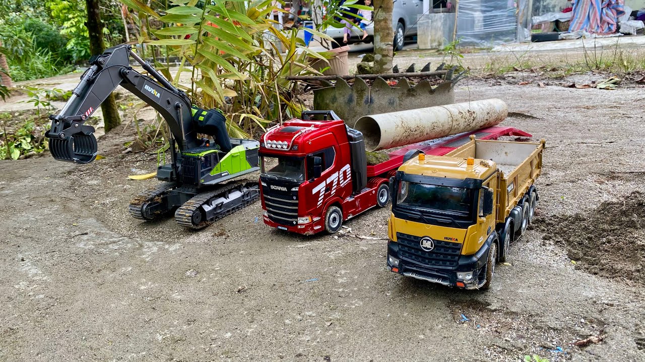 Kompilasi Aksi Dump Truk RC Huina 1536 Full Muatan Lewat Jalur Extreme , Excavator Besar Huina 1593 