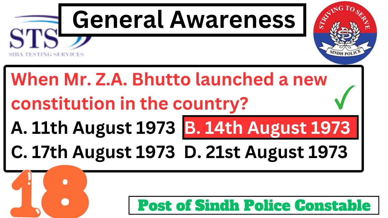 General Awareness MCQS|  Preparatory Lectures for Sindh Police constable | IBA Sukkur STS 2024 | 18