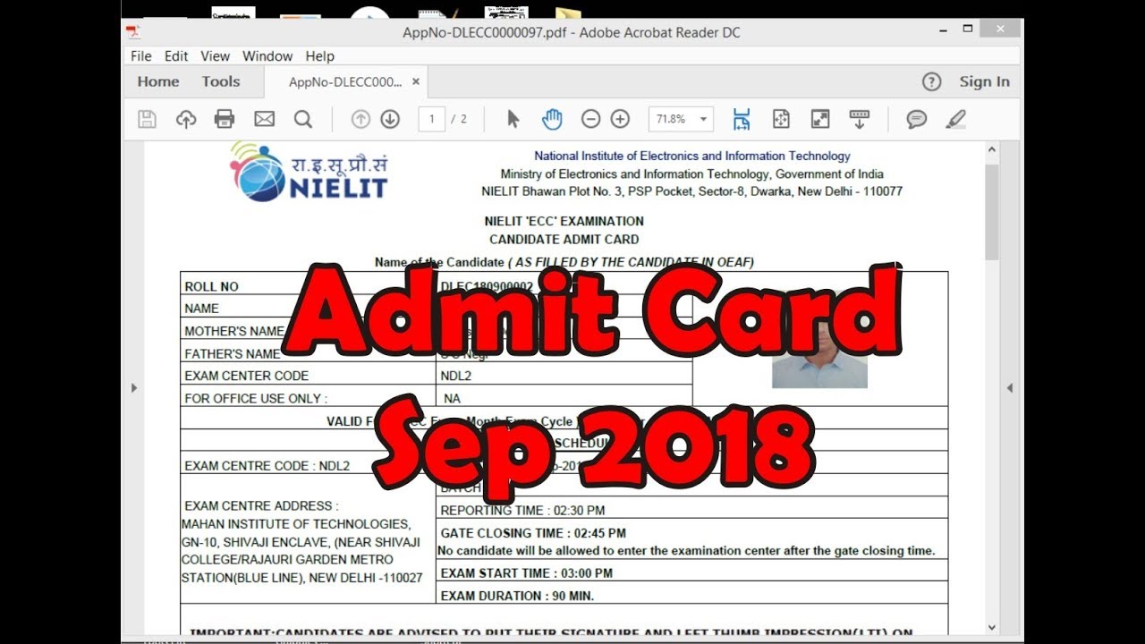 Admit Card Sep 2018  Notification (ECC)