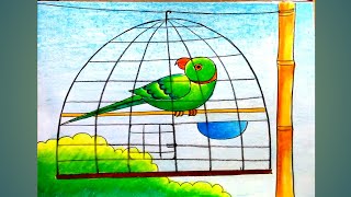 How to draw a parrot in a cage/Parrot drawing easy step by step for beginners