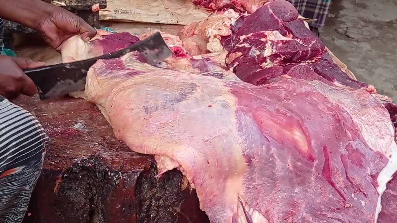 Butcher cuts of beef at roadside meat shop, Best meat cutting knife skills, Beef meat selling shop