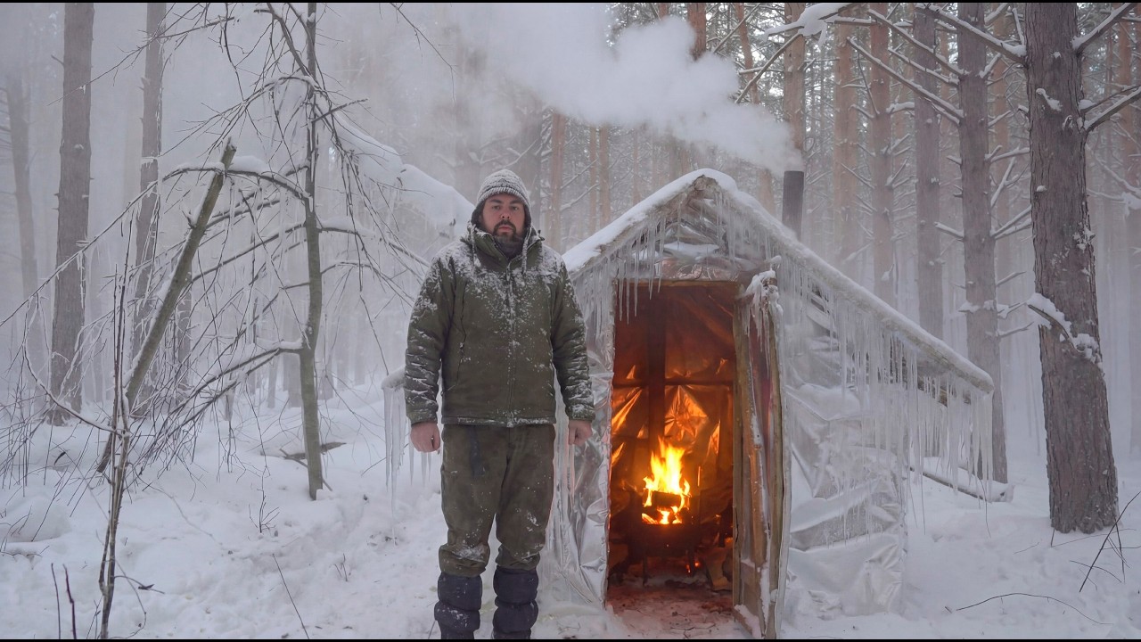 Building a Foil House in the Winter Wilderness | Solo Night Survival Experiment