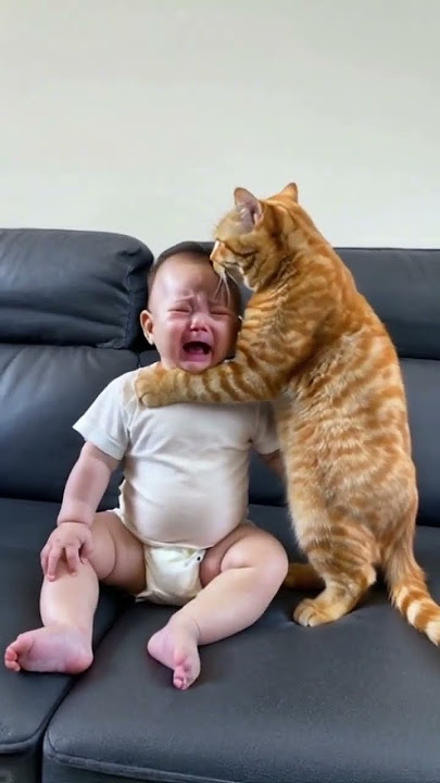 Seeing the baby crying, my cat has been comforting him and wiping his tears. What a heart-warming