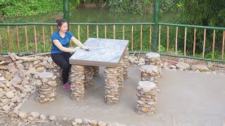 Build unique set of tables and chairs using stone, concrete and tiles | Alone built stone castle