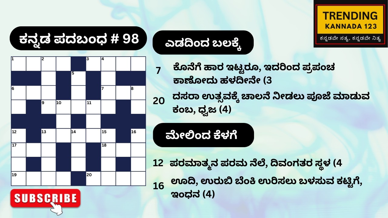 ಕನ್ನಡ ಪದಬಂಧ # 98 | Kannada Padabandha 98 | Crossword Kannada |  ರಸಪ್ರಶ್ನೆಗಳು | Kannada GK