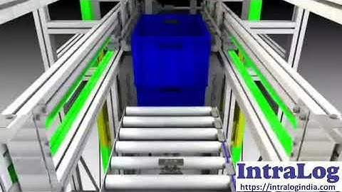 Upwards-Downwards Stacker DeStacker Unloading Totes-Bins From Transfer Carts Onto Conveyors