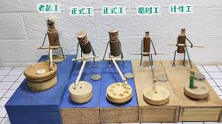 Fun, funny, wooden man working on a mill. Wooden toy