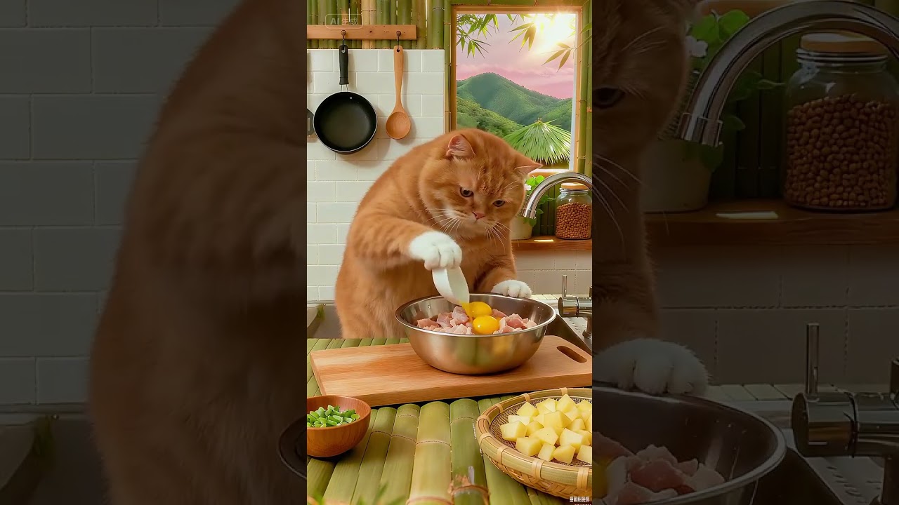 Ep519 || Fat orange cat cooks stir-fried meat with potatoes 