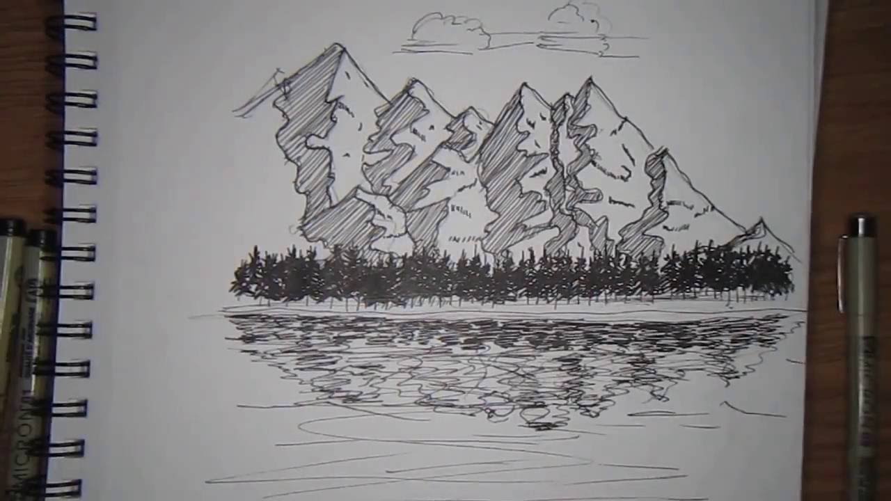 mountain landscape Drawing pen and ink - YouTube