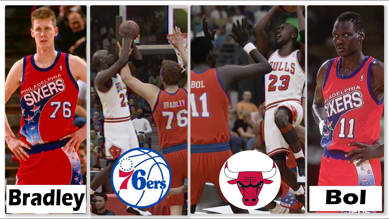 '95 SIXERS SHAWN BRADLEY, MANUTE BOL vs JORDAN's BULLS 90s GIANTS