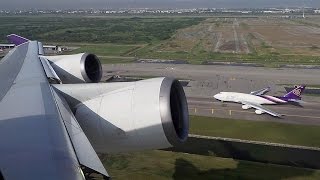Amazing takeoff and landing wing views onboard Thai Airways B747-400
