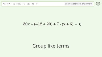 Solve -12+5(6x+4)+7(x+6)=0: Linear Equation Video Solution | Tiger Algebra