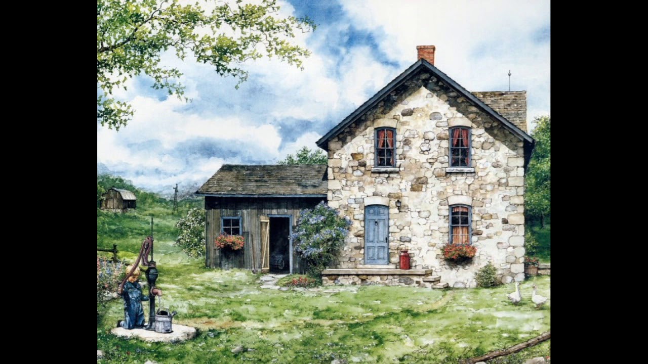 Кантри арт. Art Country Farmhouse стиль живопись. Домик акварелью.