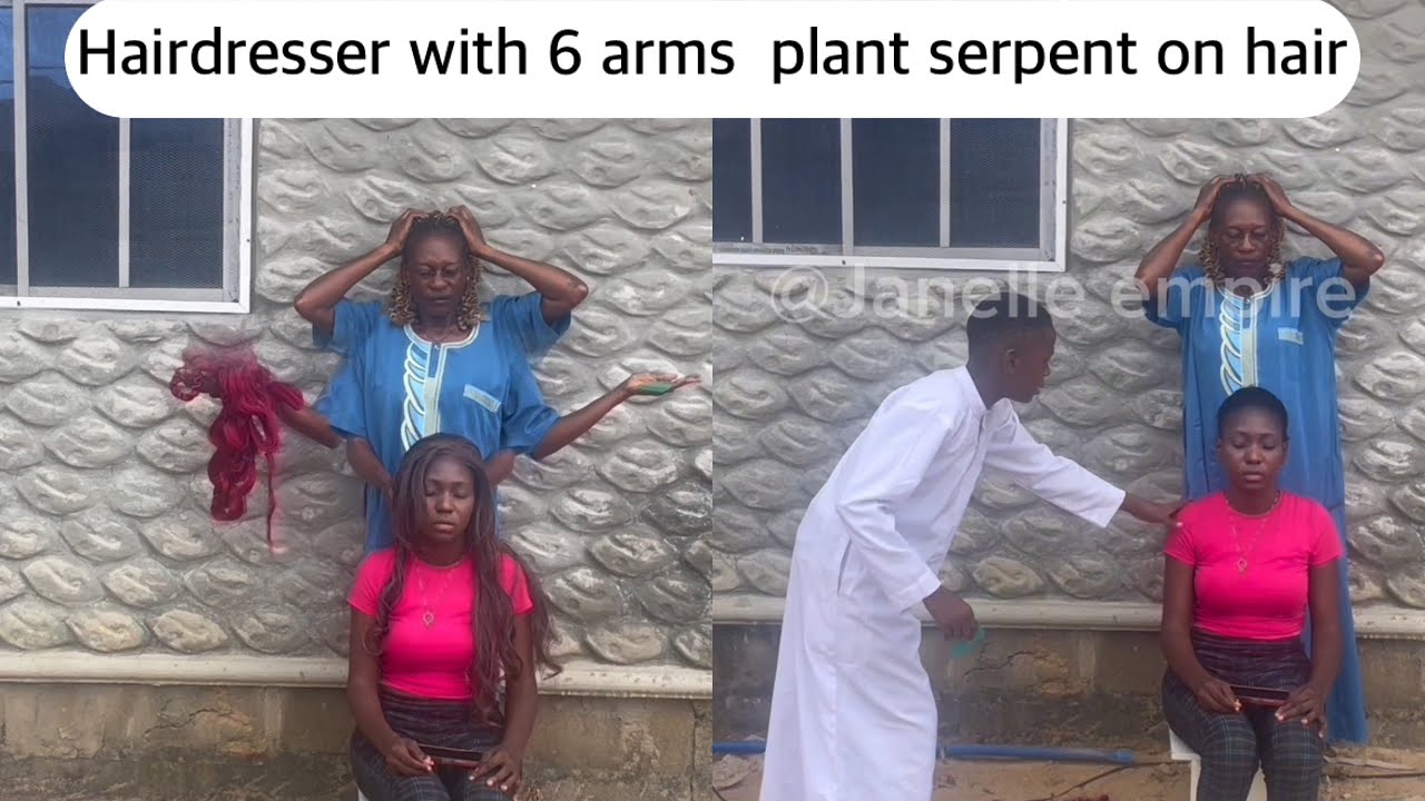 Парикмахерша-ведьма с шестью руками засовывает змею в волосы людей во время плетения кос.