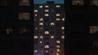 A dark cinematic horror scene set in a massive old apartment complex!