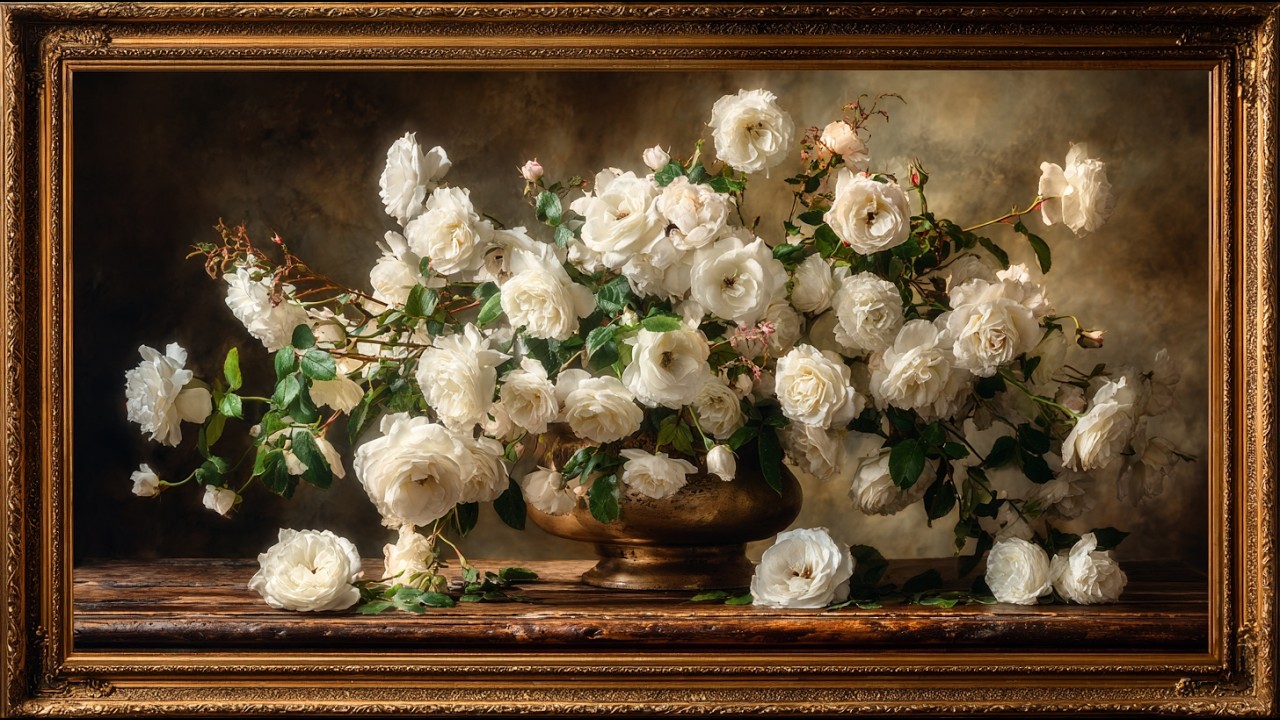 4K Frame TV Art • White Roses Oil Painting | Calm Elegant Wall Art for Your TV (2 Hours, No Sound)