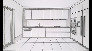 How to draw a kitchen in one point perspective, step by step drawing.