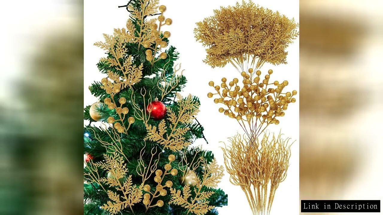 Yannew 40pcs Glitter Christmas Branch Artificial Berries Stems Pine Needle Picks Spray for Xmas Tree