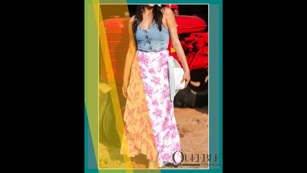 Boho Floral High Waist Ruffle Split Maxi Skirt