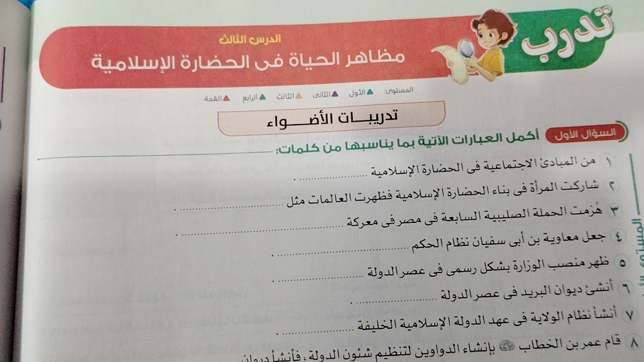حل تدريبات الاضواء درس مظاهر الحياة في الحضارة الإسلامية دراسات ستة ابتدائي ترم ثاني 2026