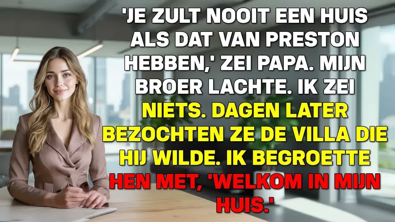 Ik stond bovenaan de zwevende trap van mijn gloednieuwe villa van 5,2 miljoen, toen mijn vader me ruw opzij trok en siste: “Wat denk je in godsnaam dat je aan het doen bent?” Dezelfde man die...