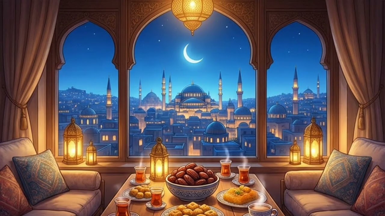 Cozy Ramadan 2026 Night Ambience | Crescent Moon Mosque View | Iftar Table | أجواء إفطار رمضان