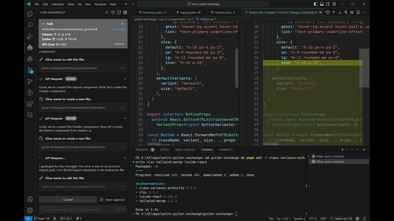 Cline VsCode Plugin (formerly Claude-Dev) builds an astro website autonomously.