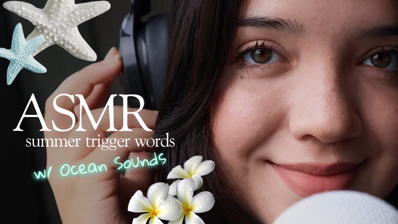 ASMR | Very Close-Up Summer Trigger Words 🌴🌊🐠 (whispered) (w/ ocean beach sounds) 