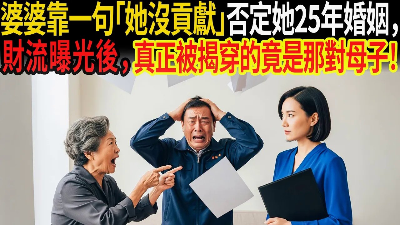 婆婆靠一句「她沒貢獻」否定她25年婚姻，財流曝光後，真正被揭穿的竟是那對母子！#感人故事 #老年故事 #口述故事 #人生故事