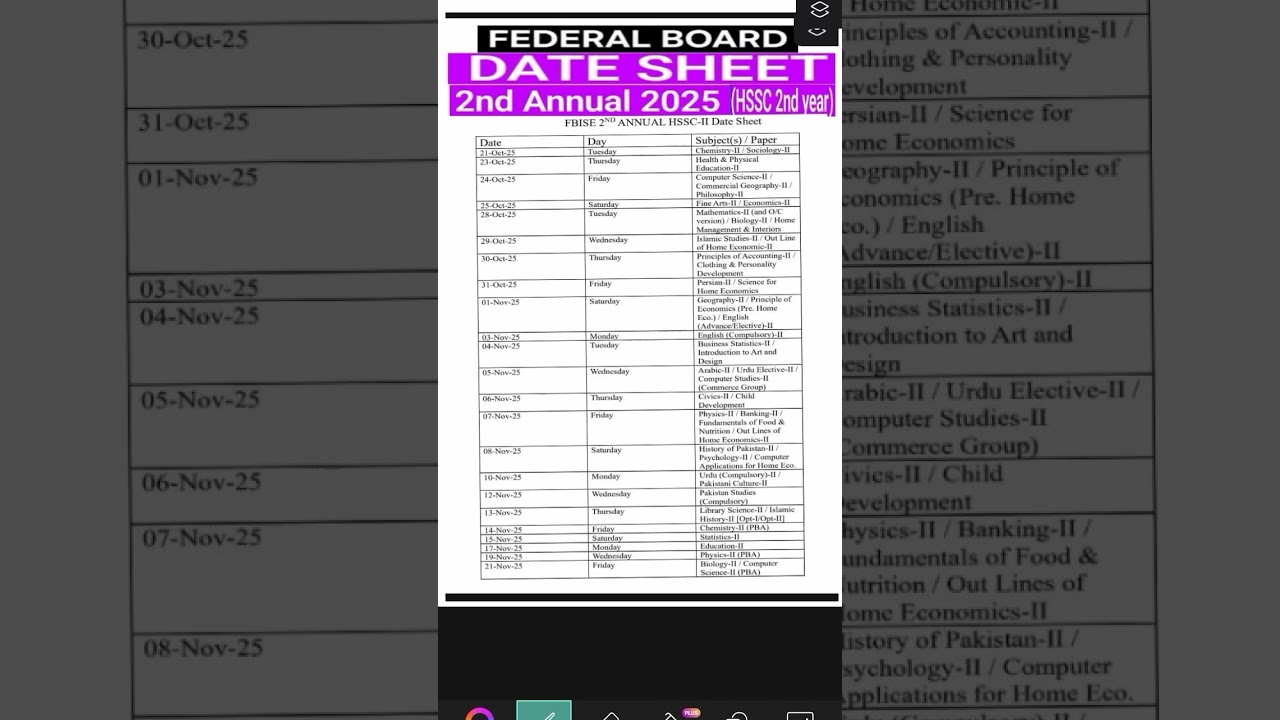 2 October 2025 DATE SHEET FEDERAL EDU BOARD ISLAMABAD 2nd ANNUAL EXAM INTER HSSC 2025 2nd YEAR
