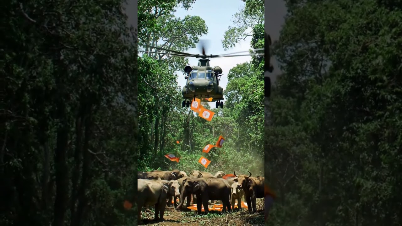 Helicopter Feeding Hungry Animals in Forest | Amazing Relief Operation
