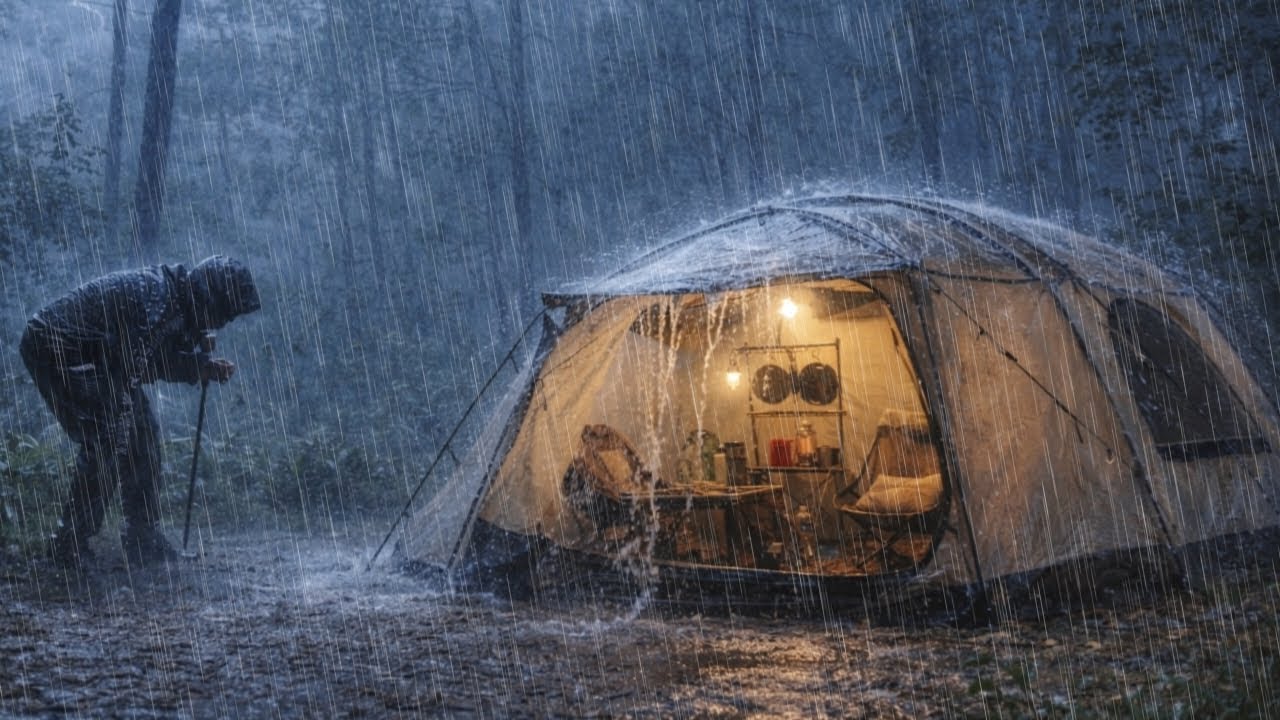 CAMPING IN HEAVY RAIN WITH THE CRAZIEST THUNDER // struggling to build ...