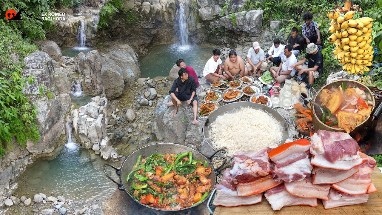 Beautiful River Ponds Cooking Pork Special with Basmati Rice Pork Pakku Outdoor Cooking & Eating