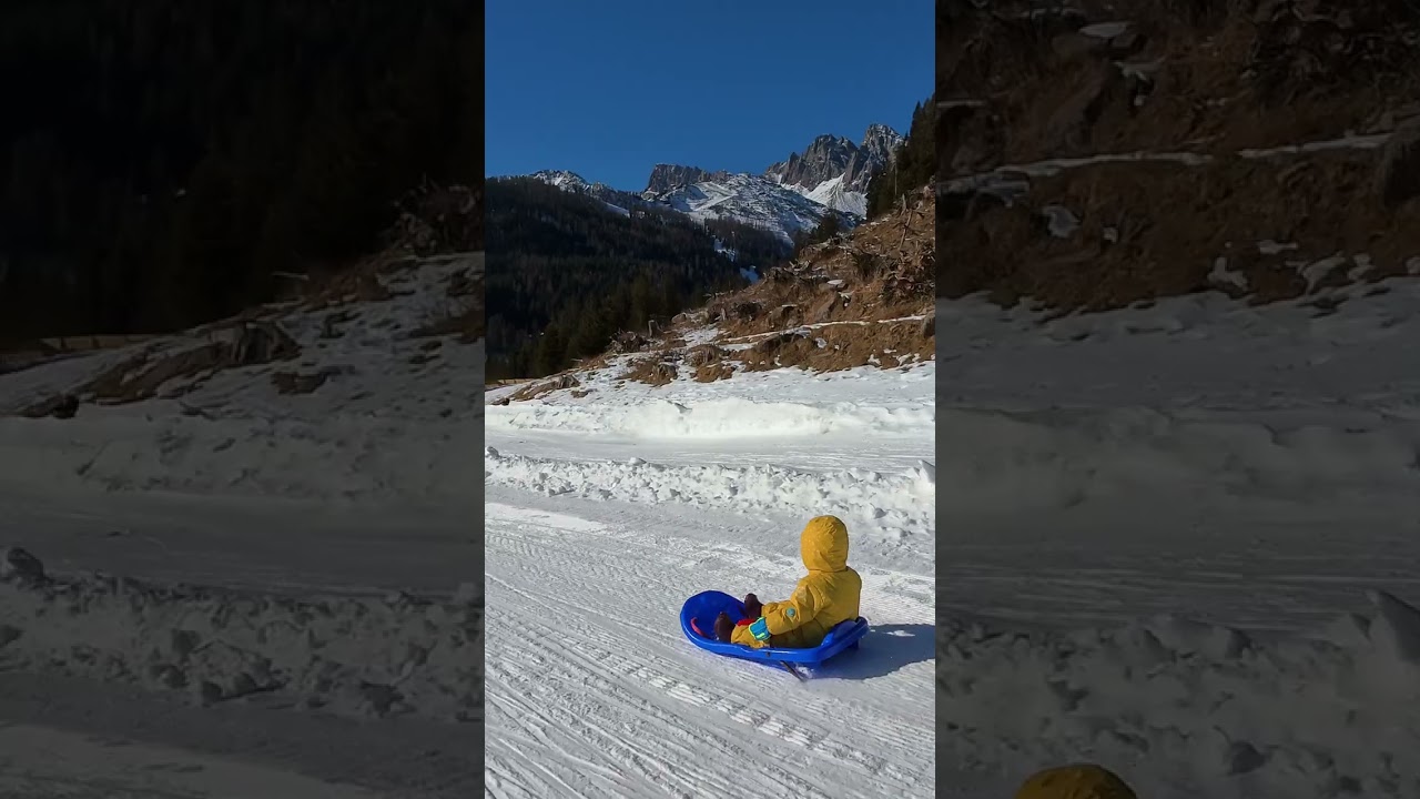 Little boy rides blue sled downhill then jumps over bump and goes through fence and flips on back