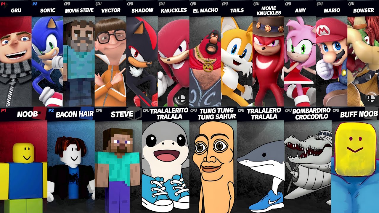 Sonic vs Mario vs Roblox vs Minecraft vs Brainrot vs Tralalero Tralala in Super Smash Bros Ultimate
