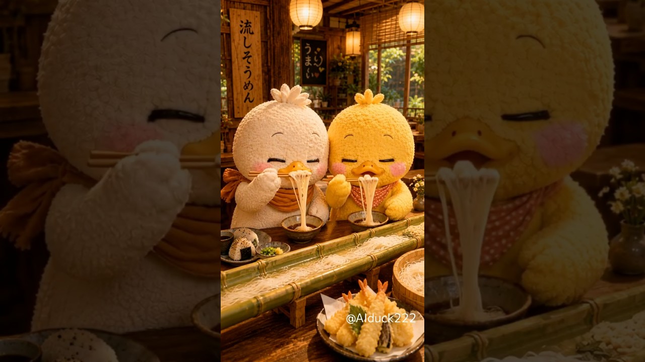 Ducks skillfully eating flowing noodles #shorts #duck #noodles