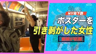 〈字幕版〉NY地下鉄車内でポスターを引き剥がした女性