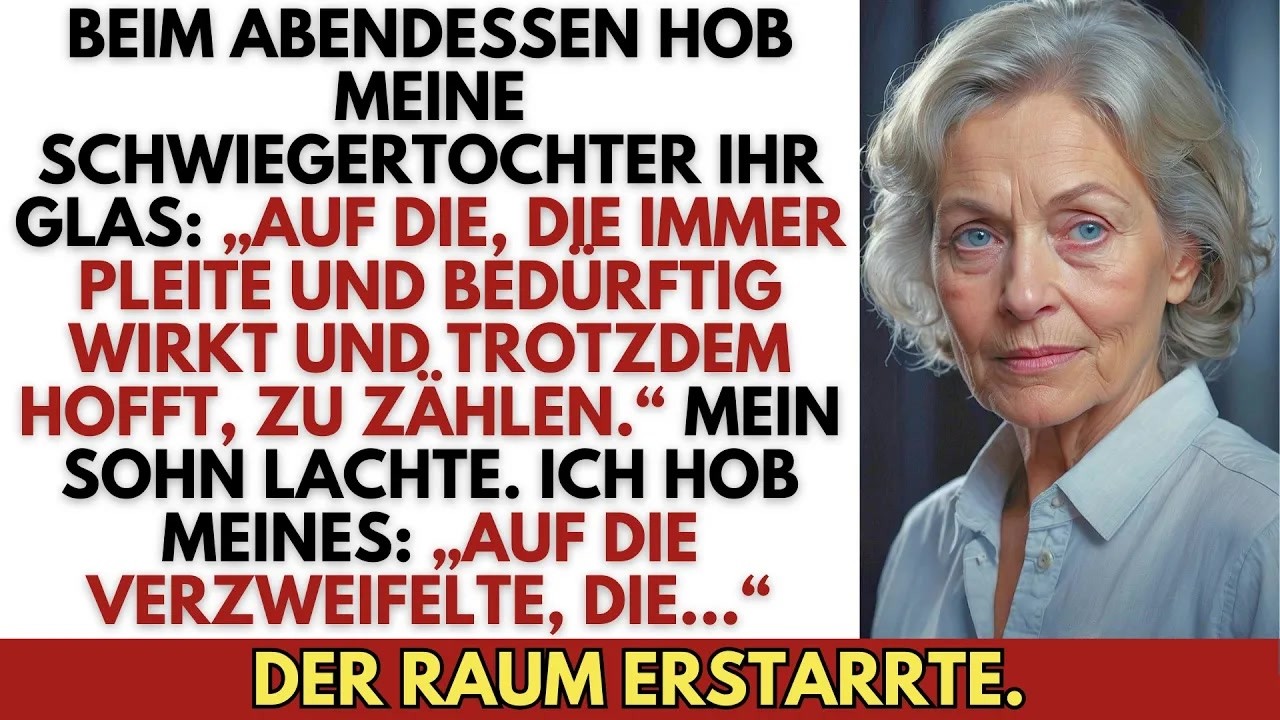Meine Schwiegertochter hob ihr Glas und nannte mich vor der ganzen Familie arm. Mein Sohn lachte, ohne mich zu verteidigen. Ich stritt nicht. Ich erhob mich langsam, mein Wasserglas in der Hand,...