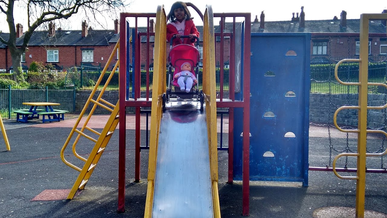cuddly wrap Little Girl Playing with Pink Silver Cross Pushchair in the Playground ACCIDENT FAIL! Baby Doll